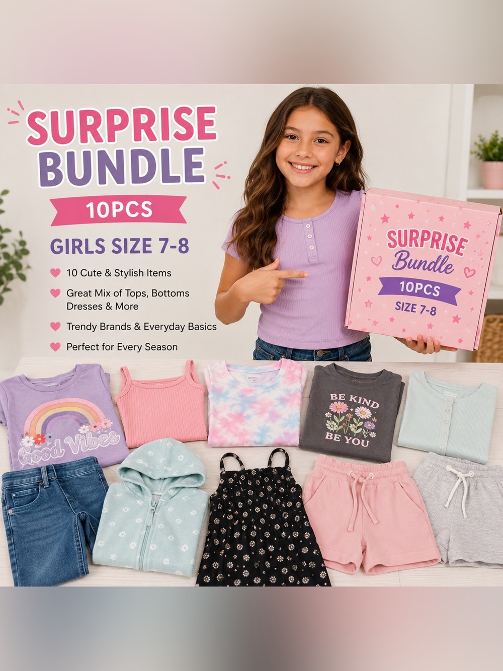 Girls Size 7-8 Surprise Clothing Bundle 10 Pieces Mixed Styles fashion Box